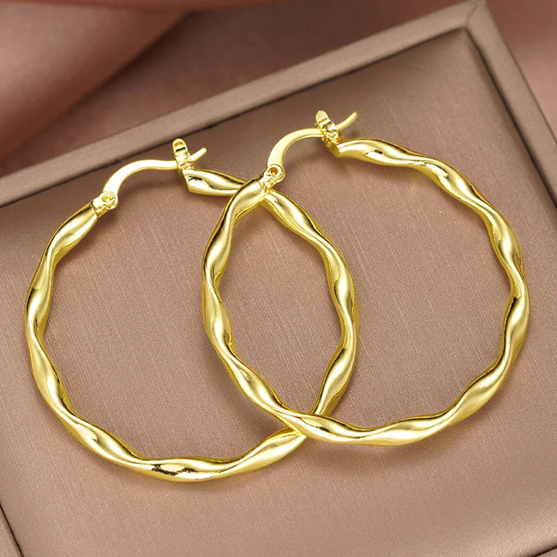 Huitan Glossy Hoop Earrings Bright Graceful Big Circle Twisty Ear Accessories for-losil