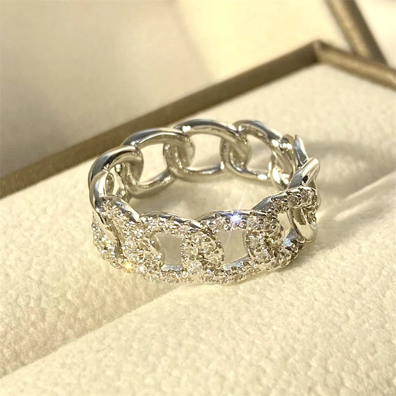 Huitan Chain Linked Design Finger Rings for Women Full with Dazzling Cubic-losil