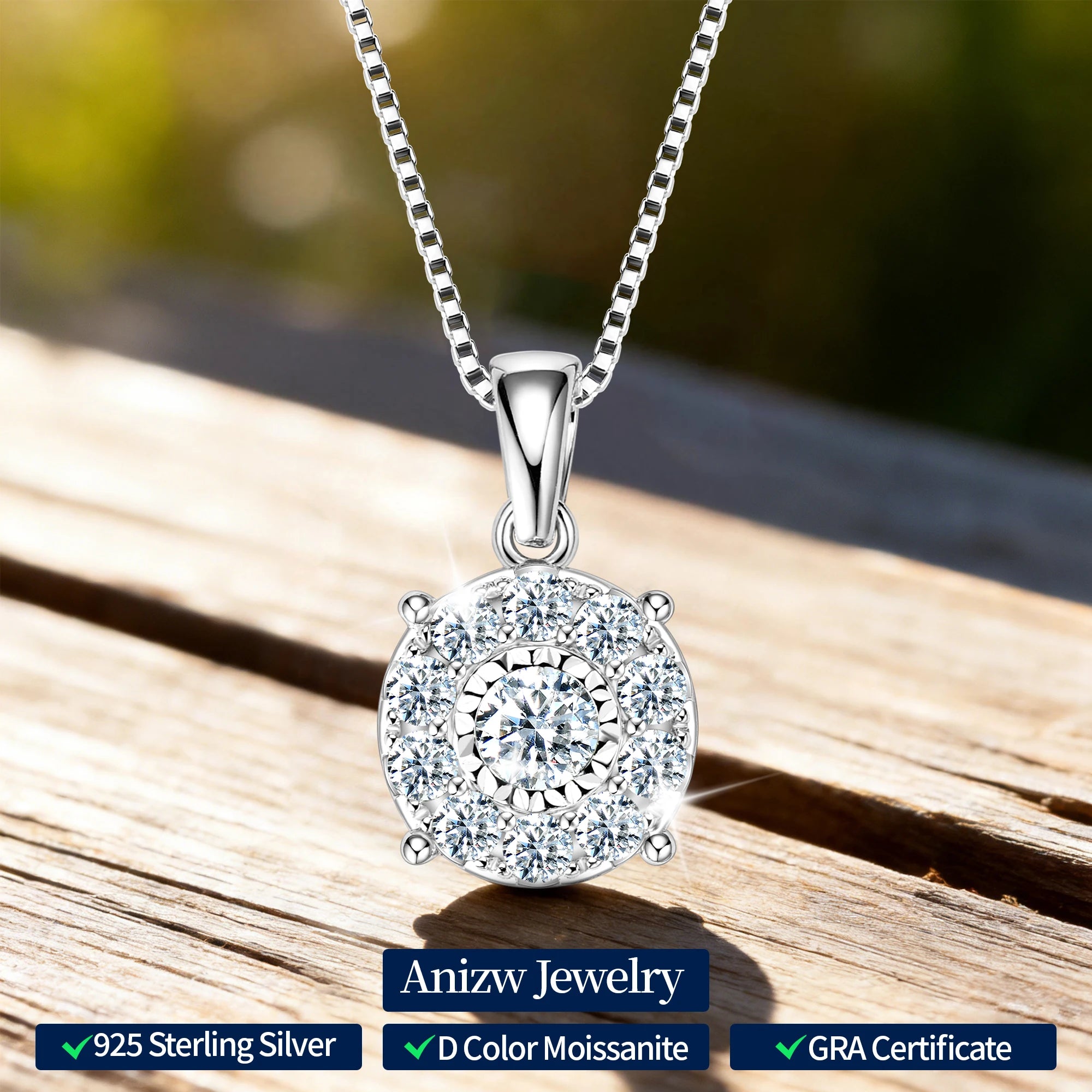 Anziw 1CT Full Moissanite Pendant Necklace for Women 925 Silver Chain 6.5mm-losil