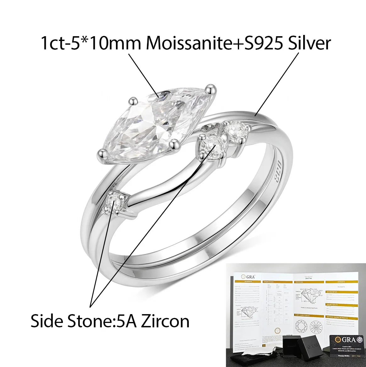 OEVAS 1ct 5*10mm Moissanite Rings 100% 925 Sterling Silver two Rings Set-losil