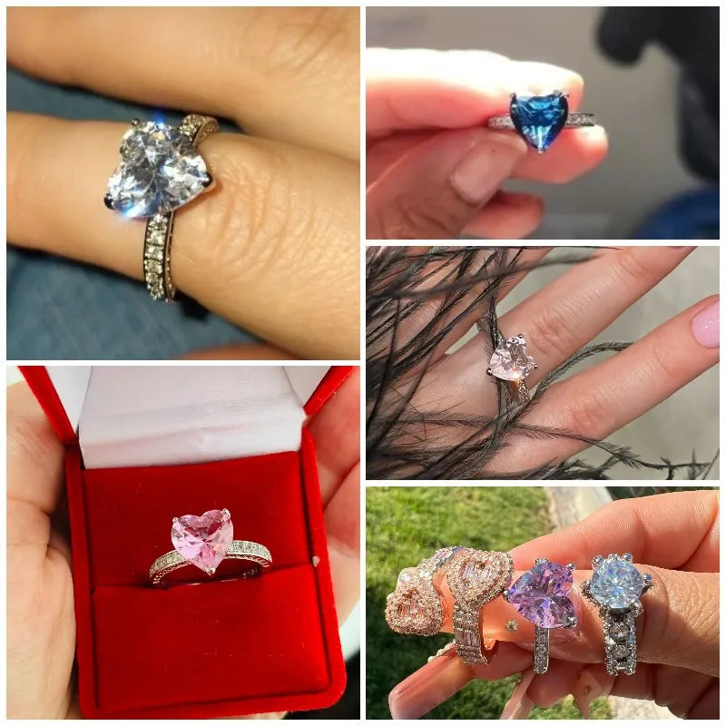 Huitan Luxury Solitaire Women Heart Engagement Rings AAA Pink Cubic Zirconia Proposal-losil