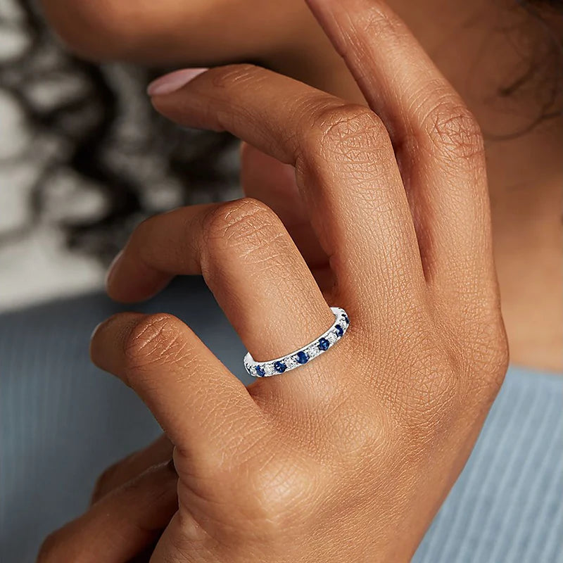 Huitan Round Thin Rings with Blue/White CZ Stone for Women Simple Stylish-losil