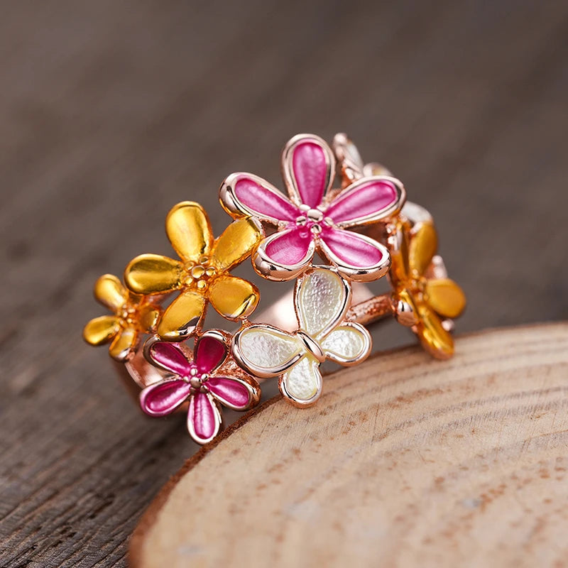 Huitan Colorful Flower Butterfly Enamel Finger Ring for Women Rose Gold Color-losil