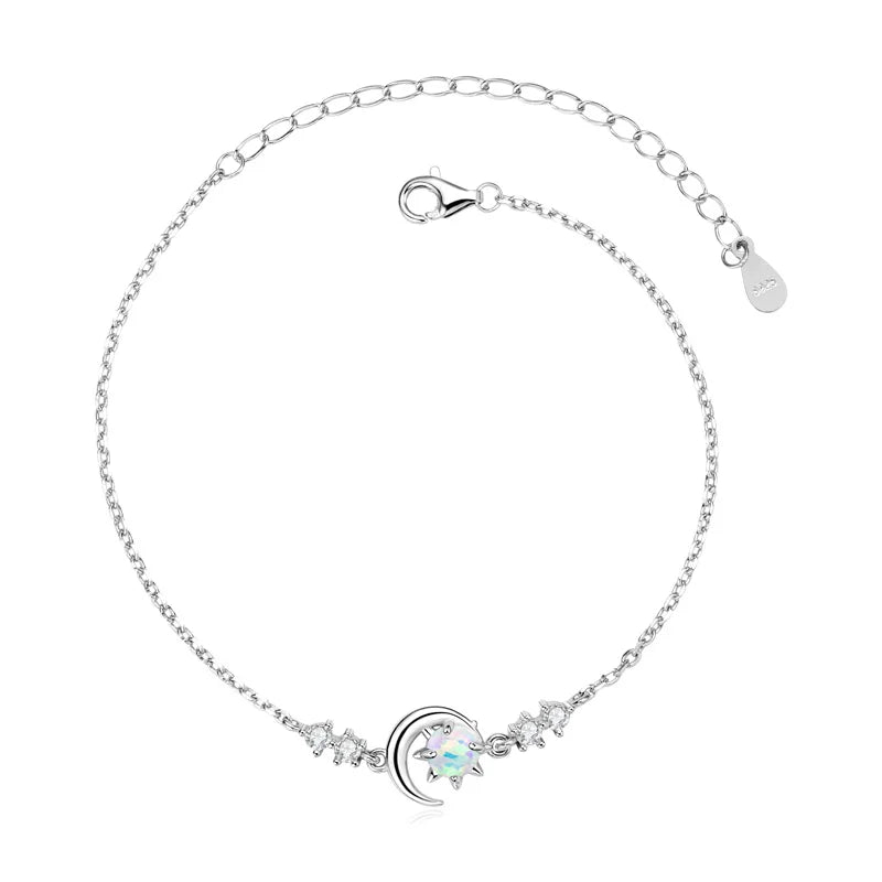 Anziw Fashion White Opal Sun and Moon Bracelet Real 925 Silver Chain-losil