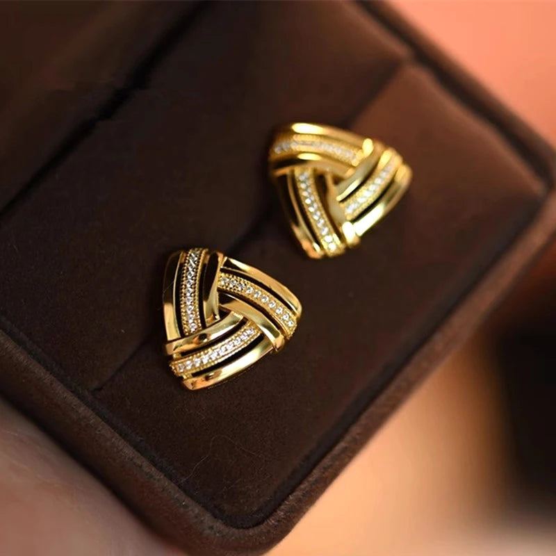 Huitan Triangular Stud Earrings with Sparkling CZ Gold Color Geometric Knot Ear-losil