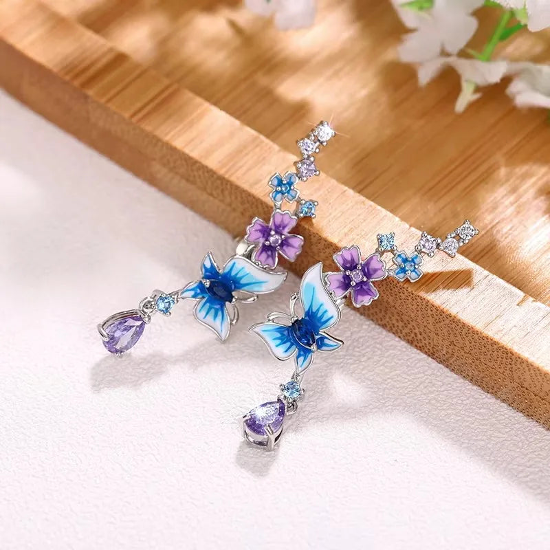 Huitan Gorgeous Butterfly Flower Drop Earrings for Women Aesthetic Trendy Colorful Accessories-losil