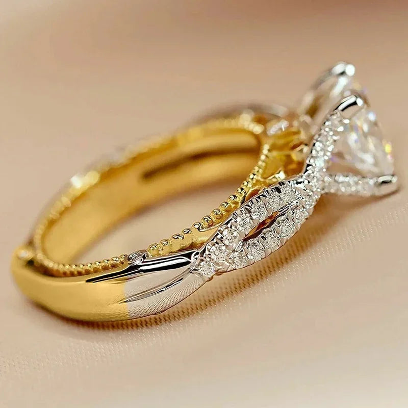 Huitan Exquisite Luxury Princess Square Cubic Zirconia Rings for Women Elegant Two-tone-losil