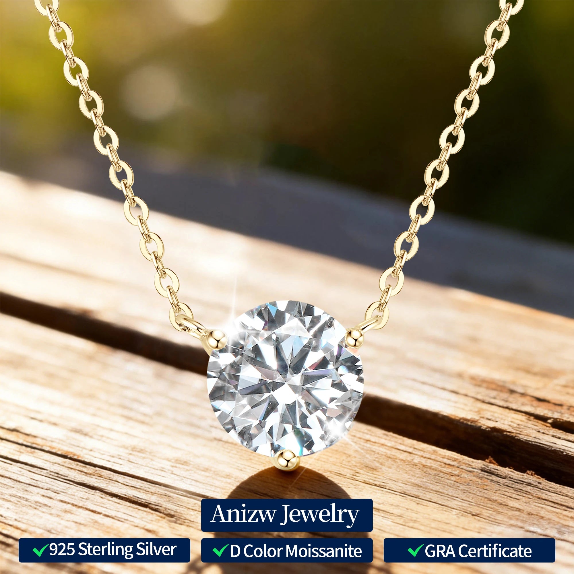 Anziw 925 Silver 1CT 1.5CT 2.0CT D Moissanite Pendant Necklace for Women-losil