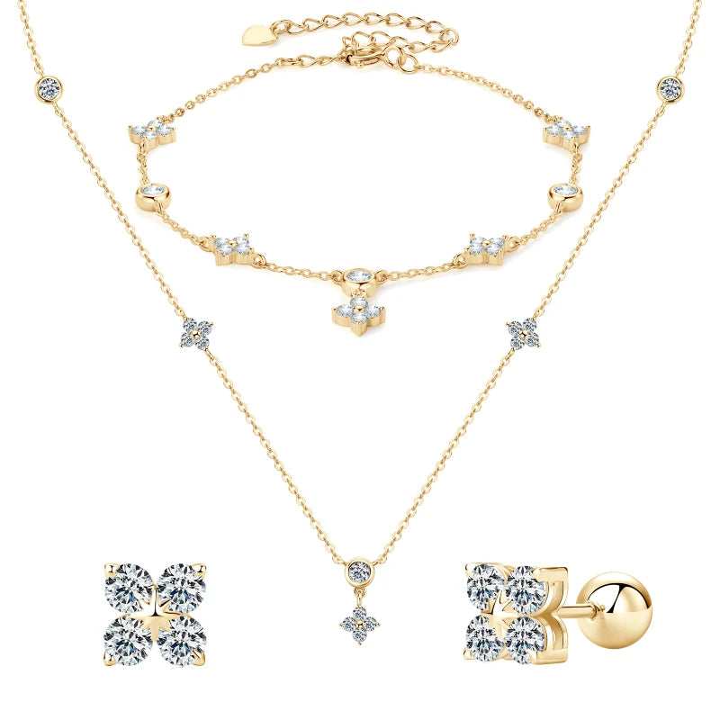 925 Silver Clover Flower Jewelry Sets for Women Moissanite Pendant Necklace Earrings-losil
