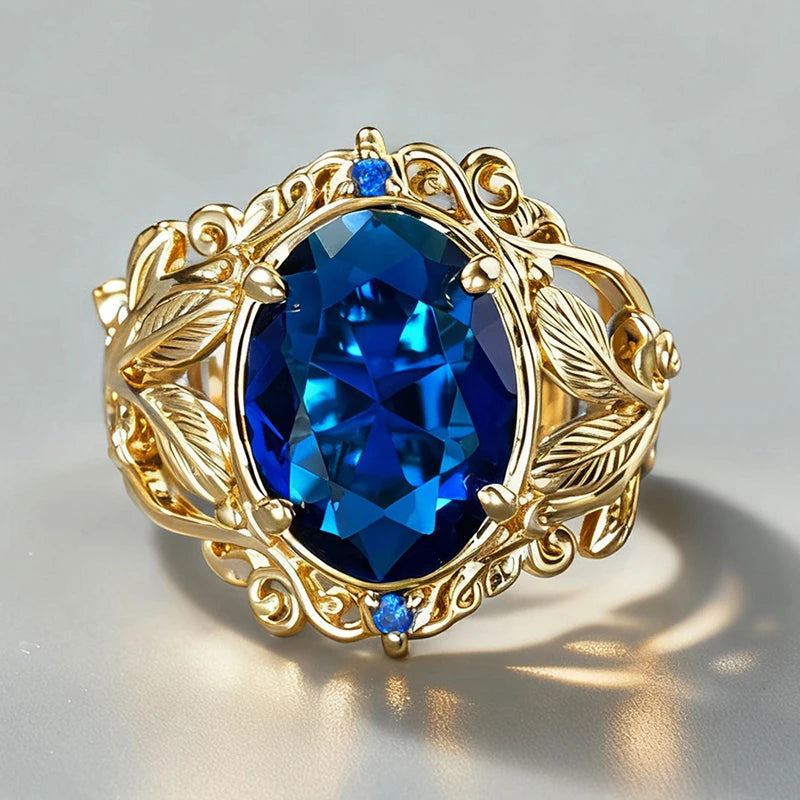 Huitan Creative Blue Cubic Zirconia Rings for Women Stylish Noble Leaf Design-losil