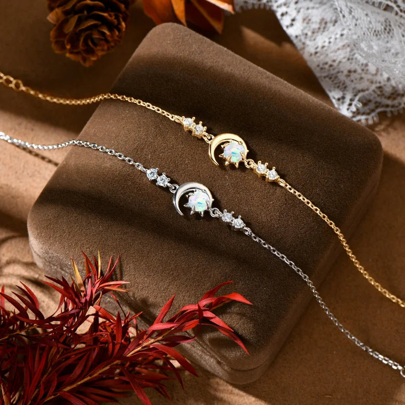 Anziw Fashion White Opal Sun and Moon Bracelet Real 925 Silver Chain-losil