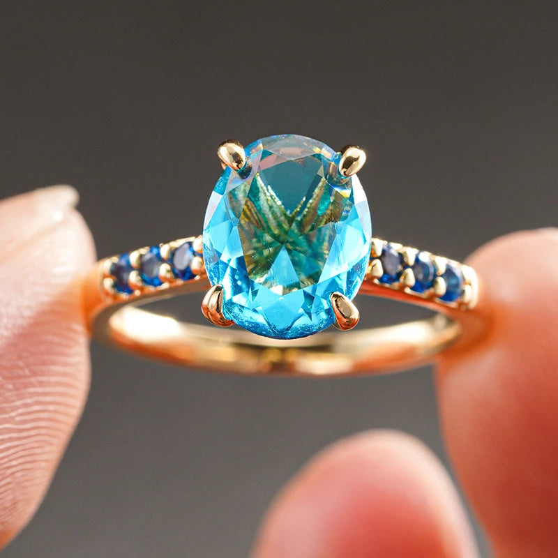 Huitan Bright Oval Sky Blue Cubic Zirconia Rings for Women Gold Color-losil