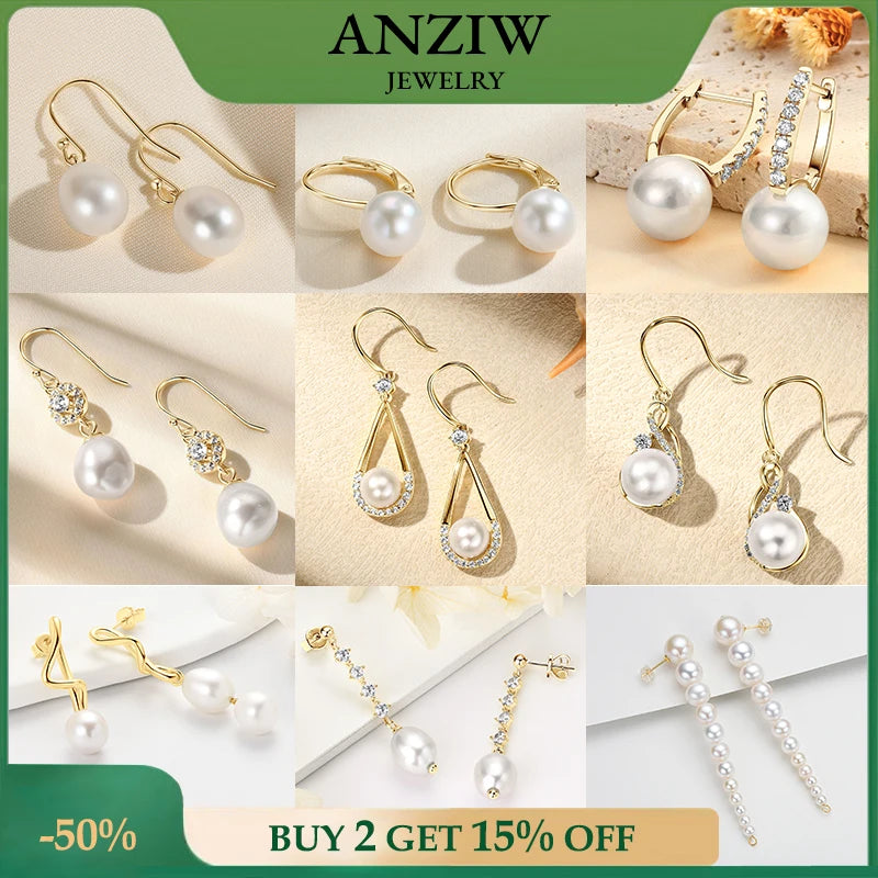 Anziw 100% 925 Sterling Silver Freshwater Pearl Drop Hook Hoop Earrings for-losil