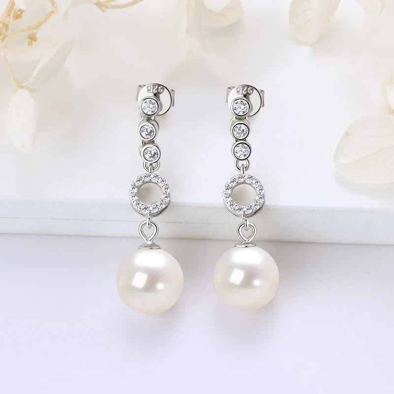 Anziw 100% 925 Sterling Silver Freshwater Pearl Drop Hook Hoop Earrings for-losil