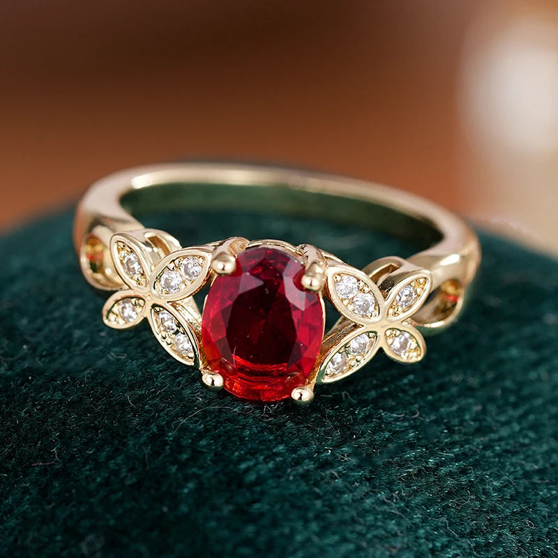 Huitan Bright Red Cubic Zirconia Butterfly Rings for Women Gold Color Luxury-losil