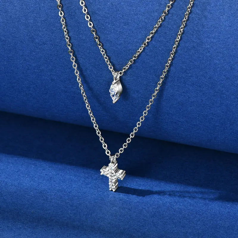 Anziw Moissanite Cross Pendant Double Layers Necklace for Women 925 Sterling Silver-losil