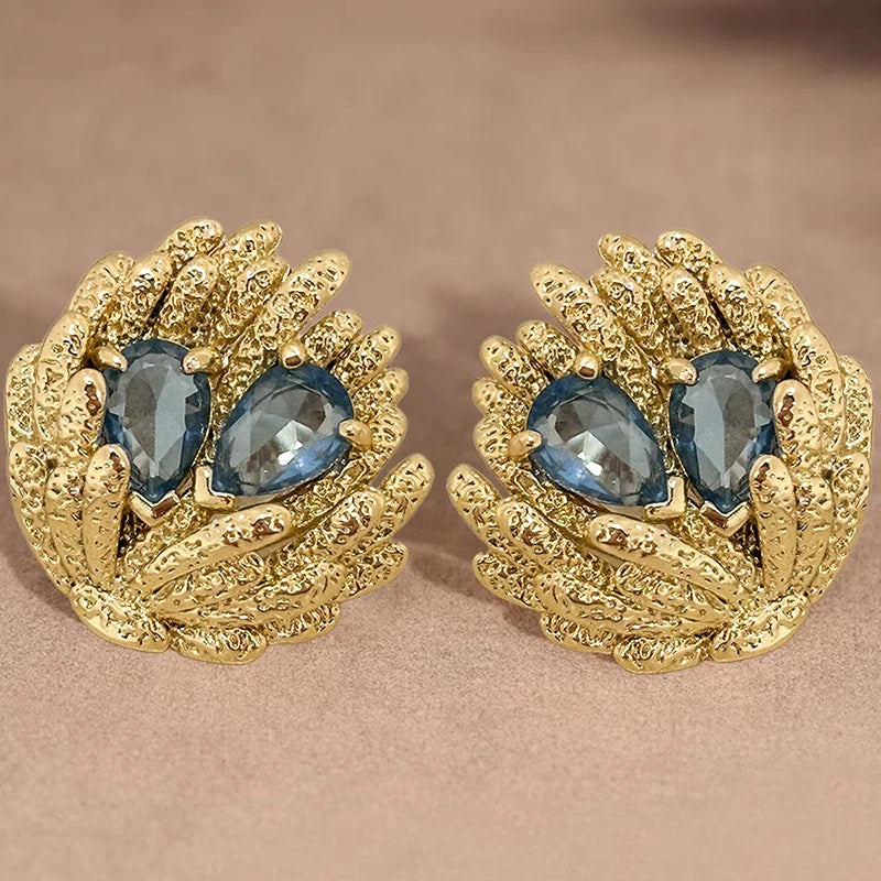 Huitan Dainty Stud Earrings with Blue Cubic Zirconia Unique Irregular Design Piercing-losil