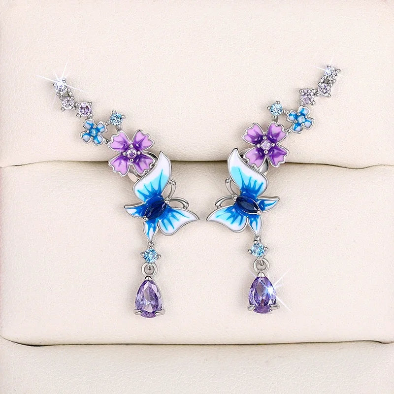 Huitan Gorgeous Butterfly Flower Drop Earrings for Women Aesthetic Trendy Colorful Accessories-losil
