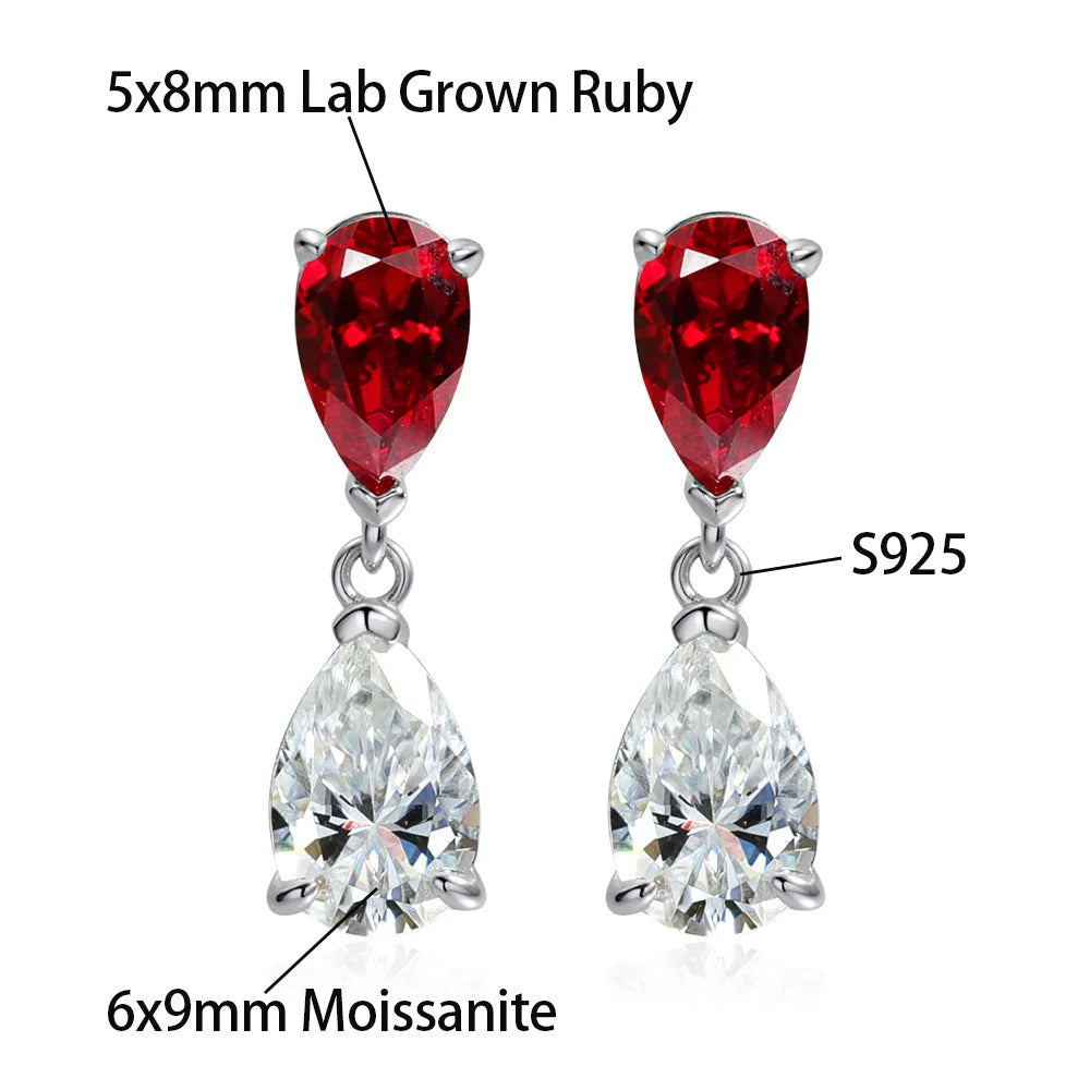 OEVAS Waterdrop Lab Grown Columbia Emerald/Ruby with Moissanite Diamond Earrings for Women-losil