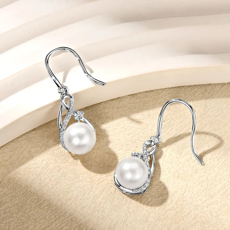 Anziw 100% 925 Sterling Silver Freshwater Pearl Drop Hook Hoop Earrings for-losil