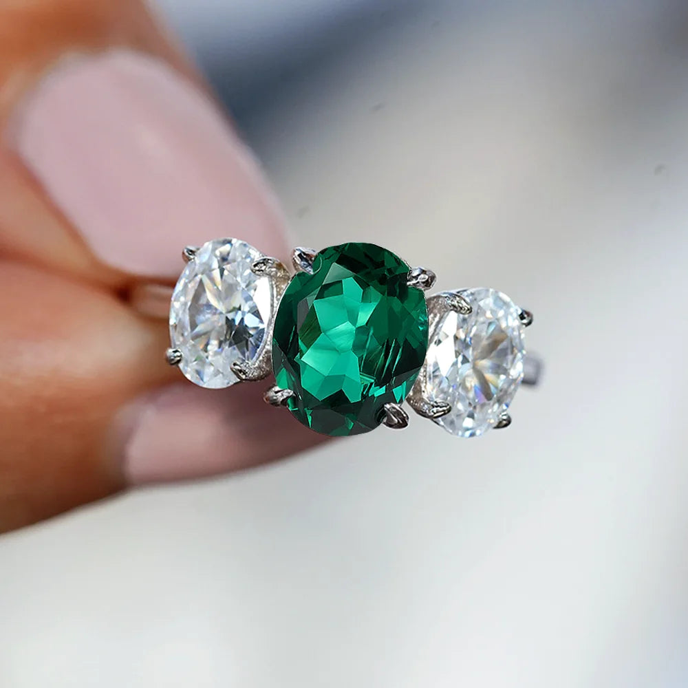 OEVAS 2/4CT Lab Grown Colombian/Zambian Emerald Ring for Women S925 Silver Oval-losil
