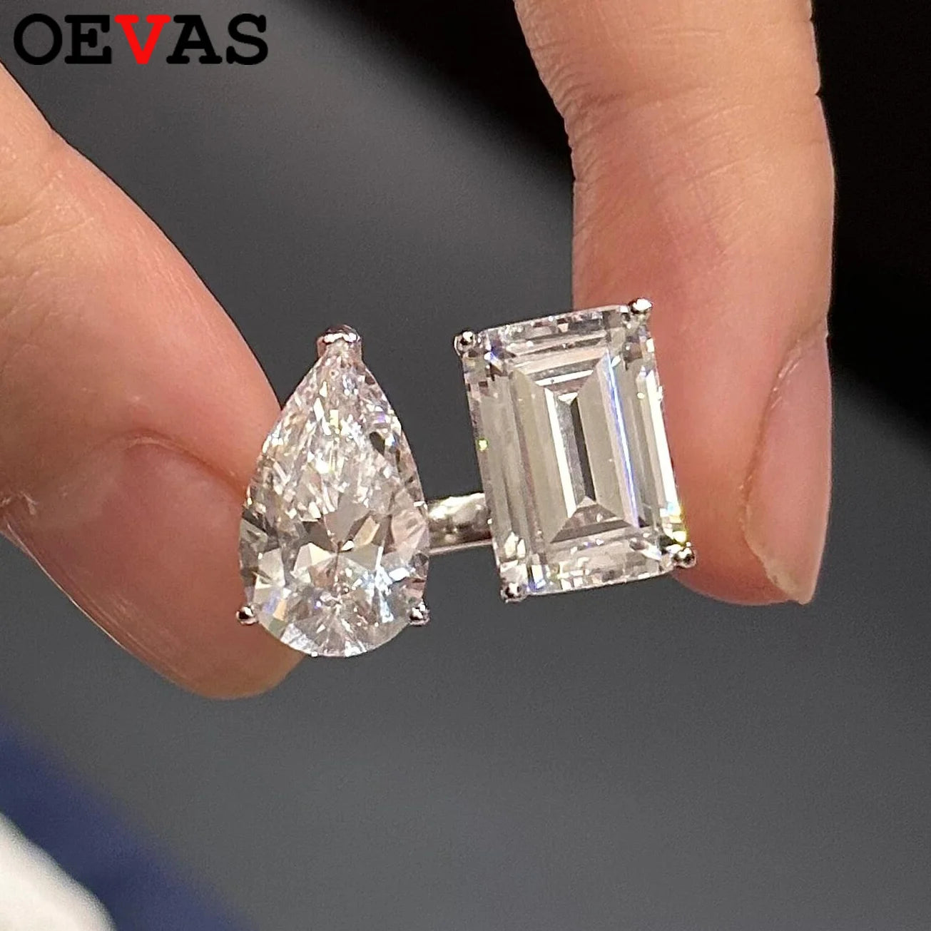 OEVAS D Color 2-Stone Full Moissanite Rings 100% S925 Silver Open Ring-losil