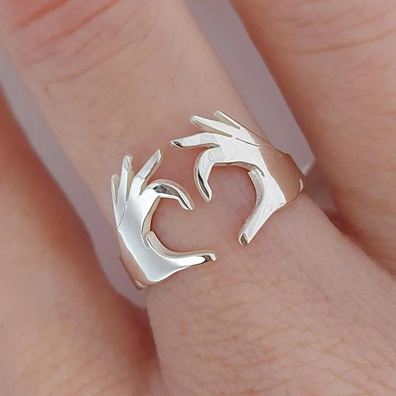 Huitan Double Hand Heart Love Couple Rings Fashionable Adjustable Opening Rings for-losil