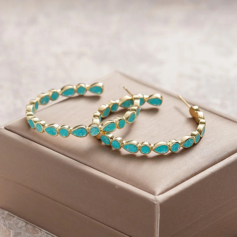 Huitan Boho Pear Blue Enamel Hoop Earrings for Women Gold Plated Fancy-losil