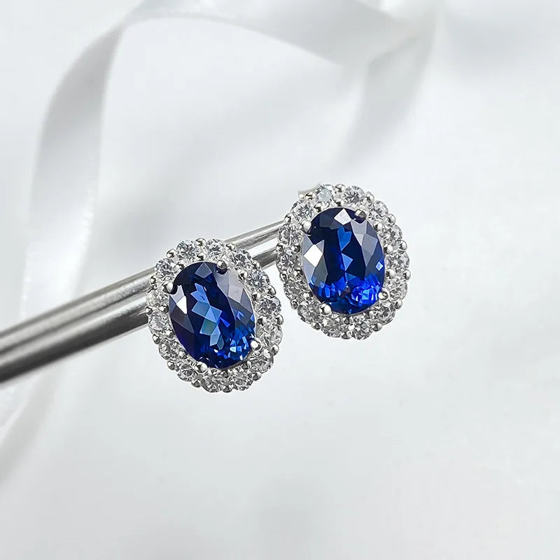 OEVAS Classic Oval 6*8mm Red/Blue Zircon Stud Earrings For Women 100% 925-losil