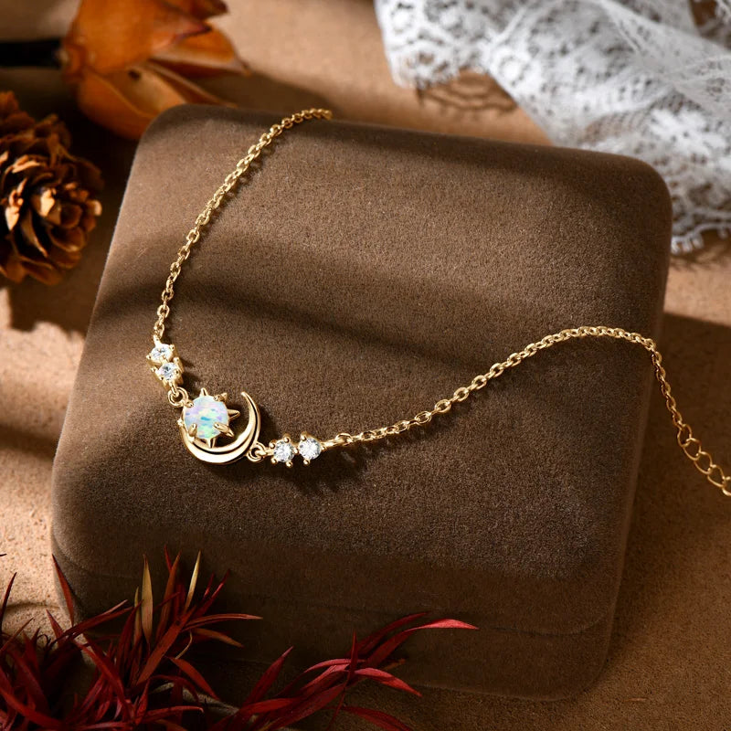 Anziw Fashion White Opal Sun and Moon Bracelet Real 925 Silver Chain-losil