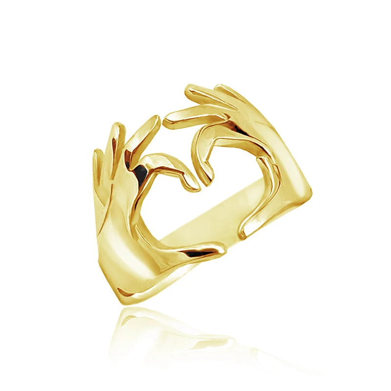 Huitan Double Hand Heart Love Couple Rings Fashionable Adjustable Opening Rings for-losil