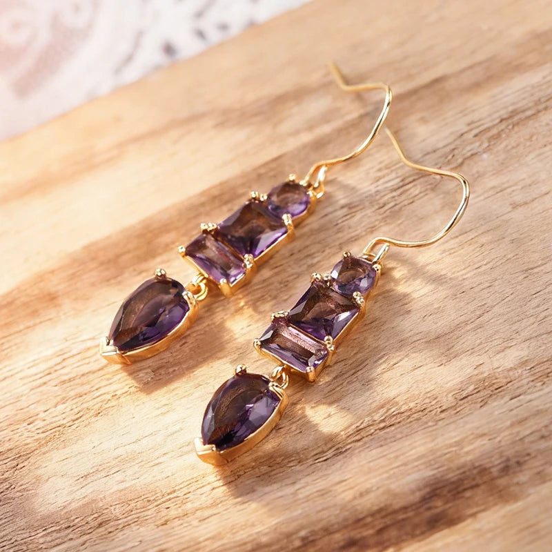 Huitan Charming Geometric Purple Cubic Zirconia Dangle Earrings for Women Exquisite Female-losil