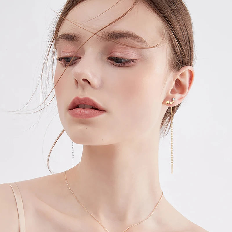 Anziw 2024 Trendy 925 Sterling Silver Four Stars Stud Ear Line Earrings-losil