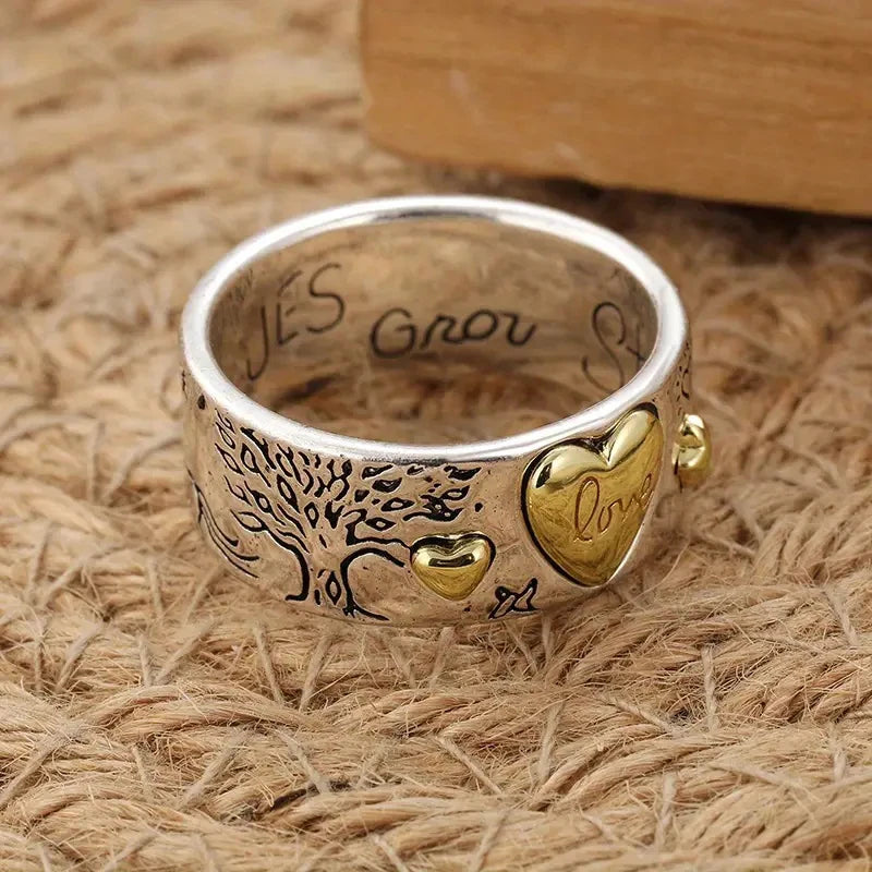 Huitan Two Tone Heart Rings for Women Carved Star Sun Tree Horse-losil