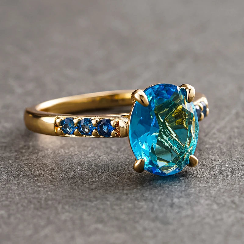 Huitan Bright Oval Sky Blue Cubic Zirconia Rings for Women Gold Color-losil