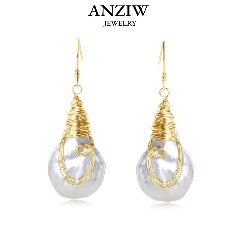 Anziw Natural Large Baroque Pearl Drop Earrings 925 Silver Handmade Wire Wrap-losil