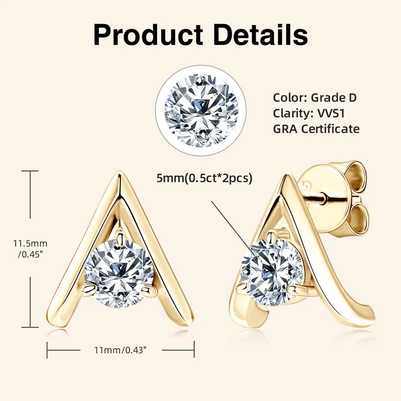 Original 925 Silver 5mm 0.5ct Round D Moissanite Triangle Stud Earrings for-losil