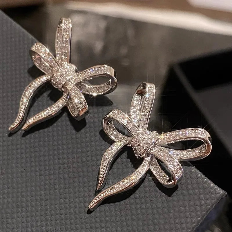 Huitan Big Bow Stud Earrings Modern Fashion Sparkling Earrings for Women Crystal-losil