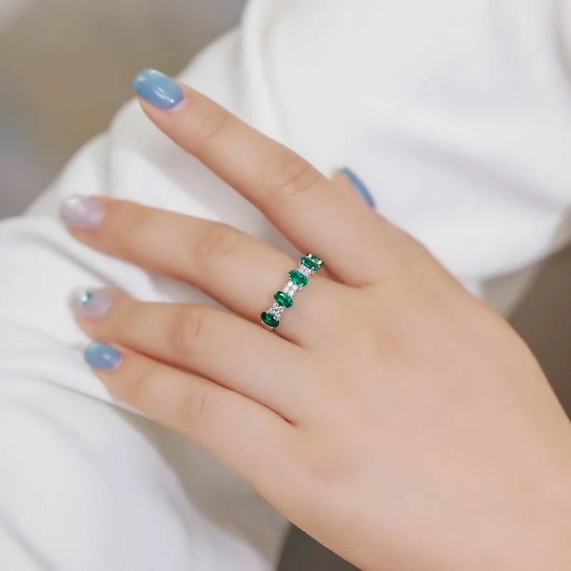 OEVAS Lab Grown Emerald Ring 100% S925 Sterling Silver inlay Zircon For-losil