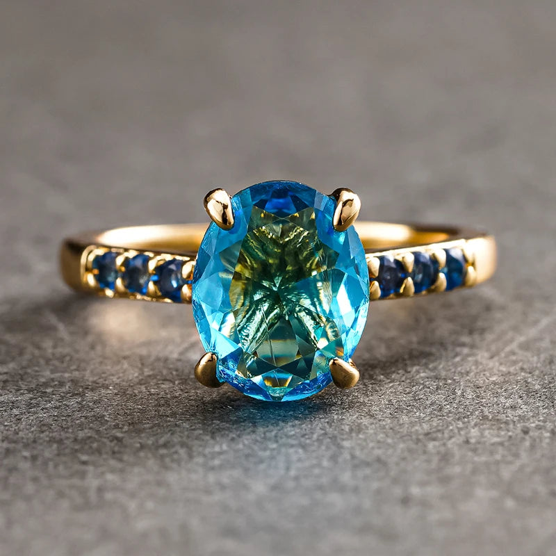 Huitan Bright Oval Sky Blue Cubic Zirconia Rings for Women Gold Color-losil