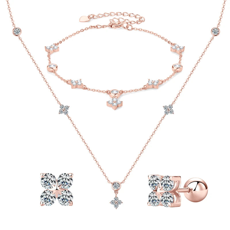 925 Silver Clover Flower Jewelry Sets for Women Moissanite Pendant Necklace Earrings-losil