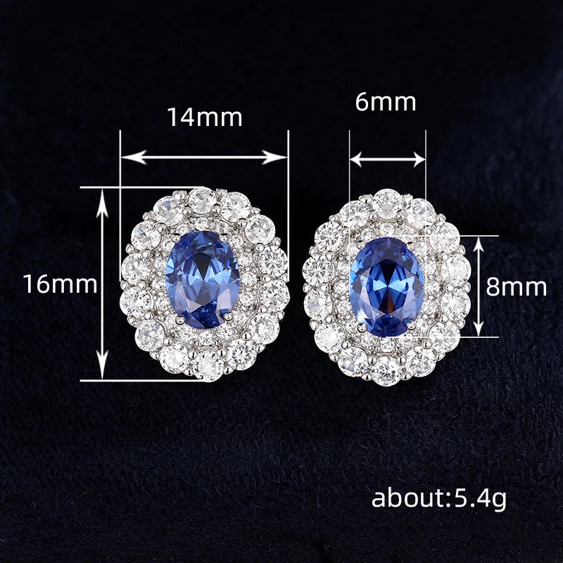 Huitan Oval Stud Earrings with Blue/White Cubic Zirconia Temperament Elegant Piercing Earrings-losil