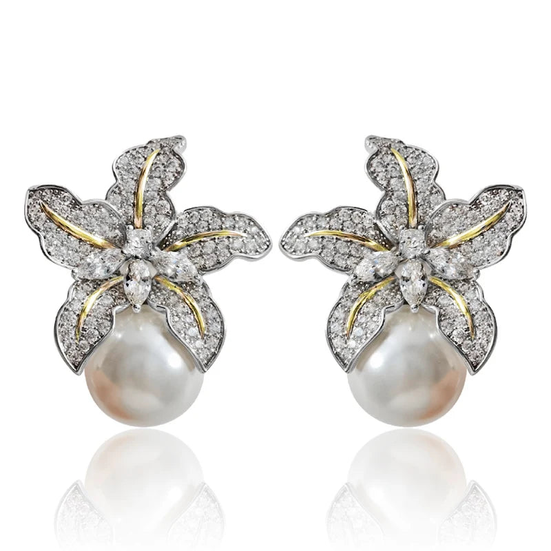 Huitan Hot Two Tone Flower Simulated Pearl Earrings for Women Aesthetic Lady's-losil
