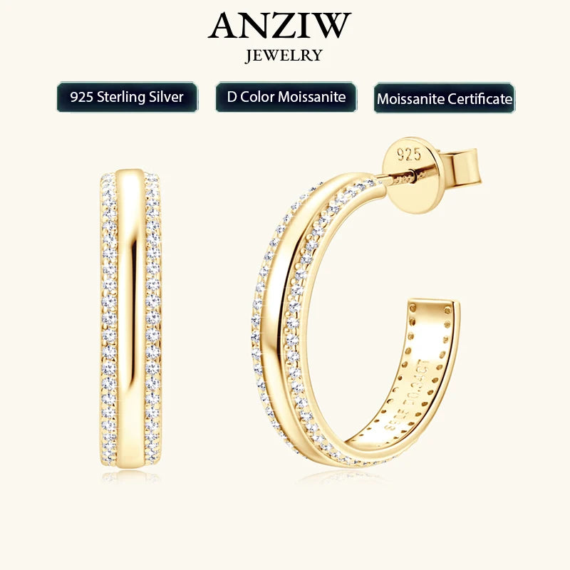 Anziw C Shape Open Circle Stud Earrings Moissanite Hoop Drop Piercing Earrings-losil