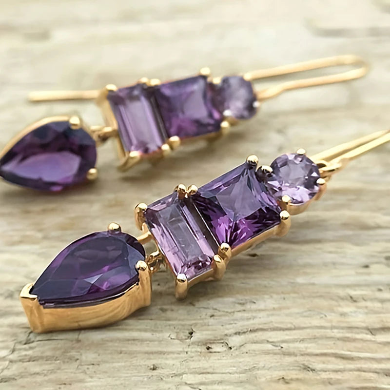 Huitan Charming Geometric Purple Cubic Zirconia Dangle Earrings for Women Exquisite Female-losil