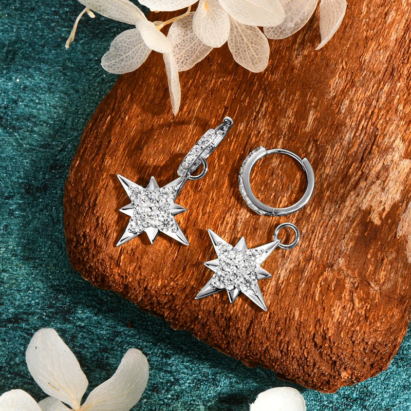 Anziw 100% 925 Silver Jewelry Charm Guide Star Drop Earrings Moissanite Piercing-losil