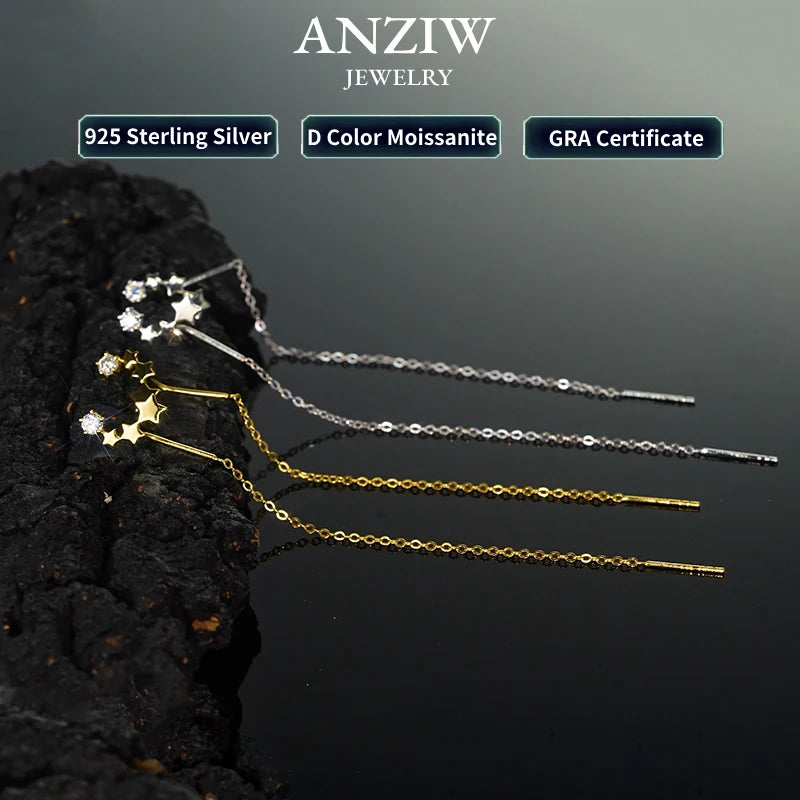 Anziw 2024 Trendy 925 Sterling Silver Four Stars Stud Ear Line Earrings-losil