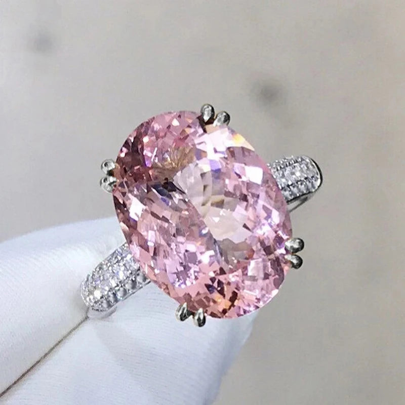 Huitan Big Oval Pink CZ Rings for Women Engagement Wedding Temperament Sweet-losil