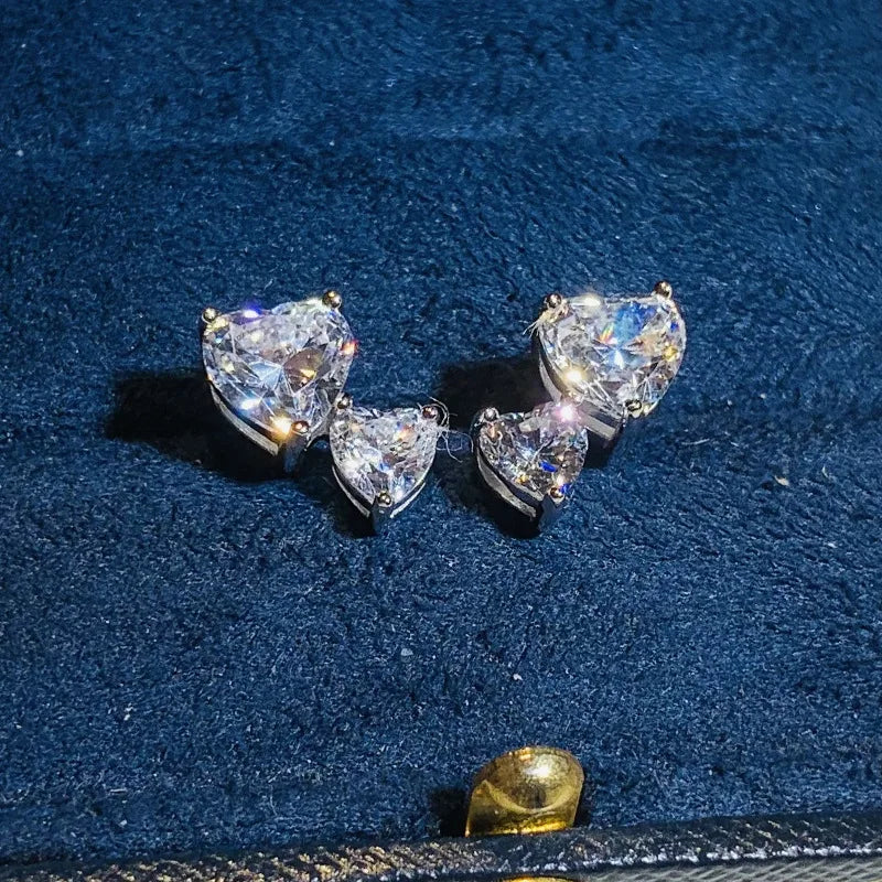 Huitan Fashion Heart Stud Earrings with Double Love Cubic Zircon Silver Color-losil