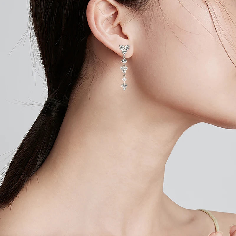 Real 925 Silver 4mm D Color Moissanite Long Drop Earrings Piercing Studs-losil